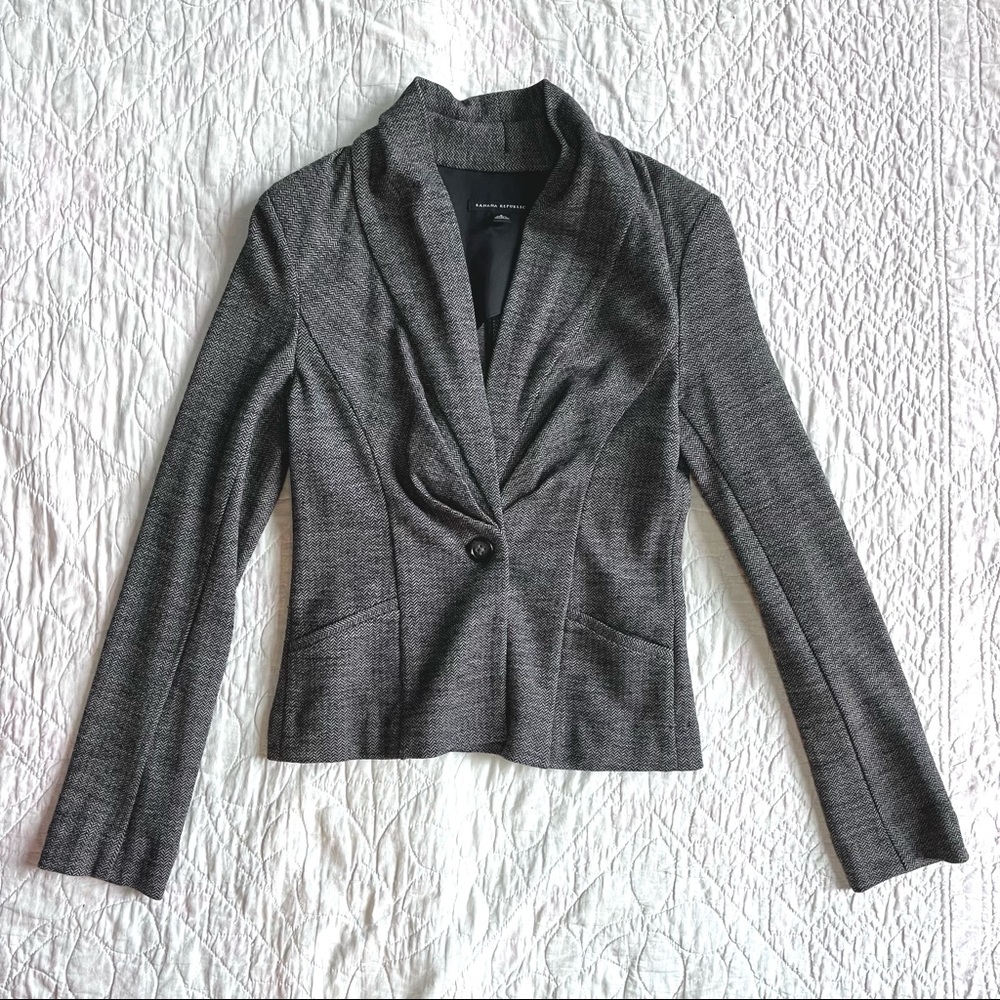 Banana Republic sweater jacket in neutral herringbone with shawl collar